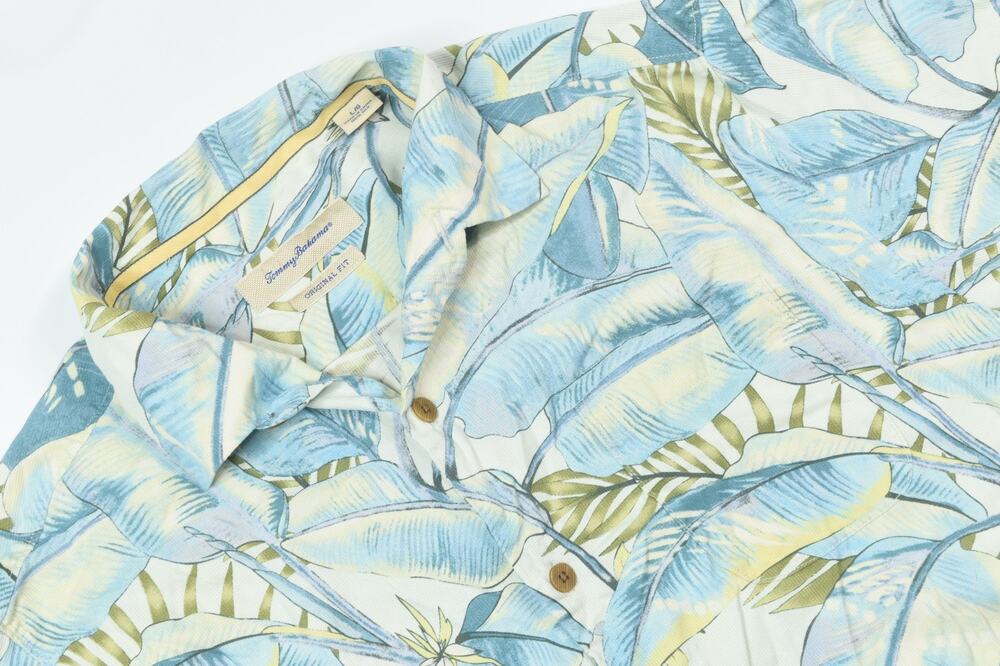 Tommy Bahama Hawaiian Shirt Mens Large Blue Floral Silk Original Fit Button-Up